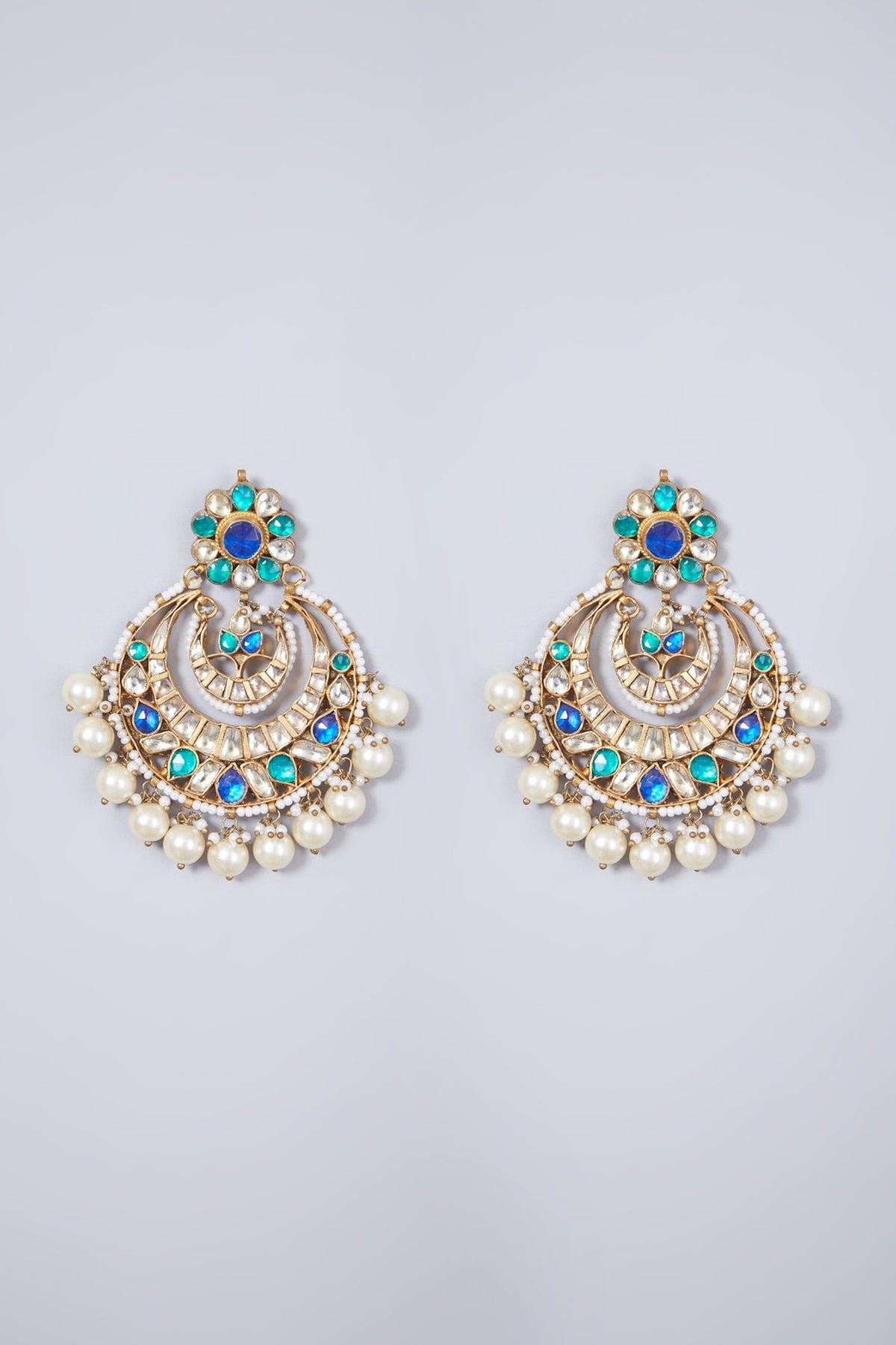 Gold Finish Green & Blue Onyx Chandbali Earrings