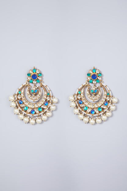 Gold Finish Green & Blue Onyx Chandbali Earrings