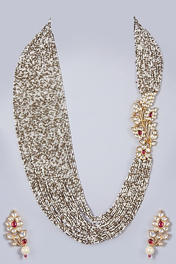 Gold Finish Kundan Polki Side Pendant Necklace Set