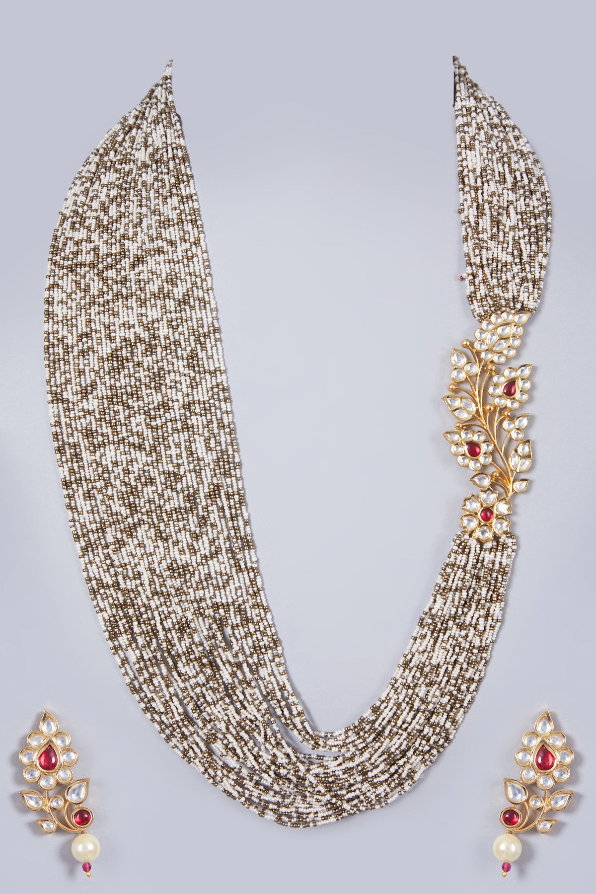 Gold Finish Kundan Polki Side Pendant Necklace Set