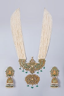 Gold Finish Green Onyx & Pearls Pendant Necklace Set