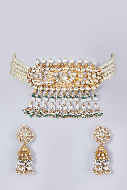 Gold Finish Kundan Polki & Pearl Choker Necklace Set