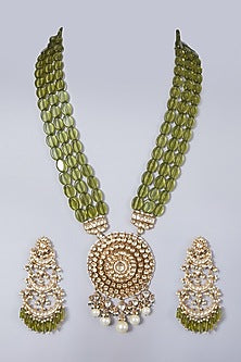 Gold Finish Kundan Polki Pendant Necklace Set