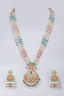 Gold Finish Kundan Polki Pendant Necklace Set
