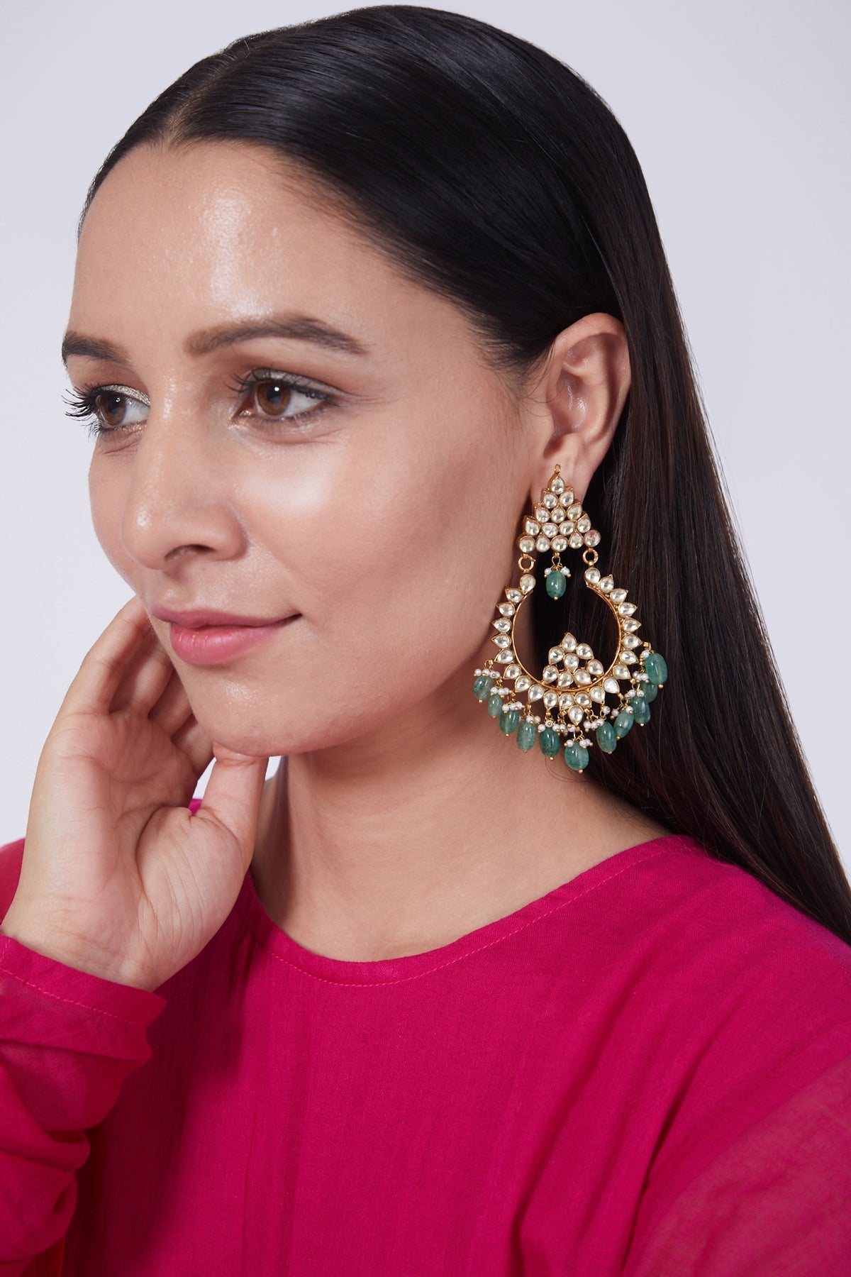 Gold Finish Chandbali Earrings With Kundan Polki