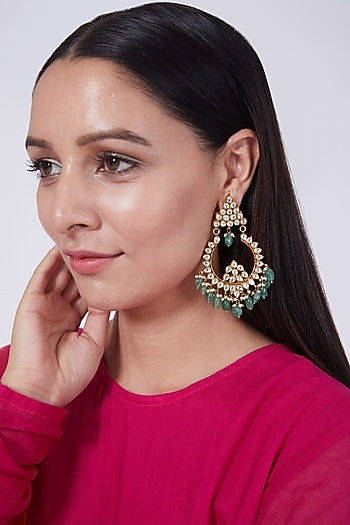 Gold Finish Chandbali Earrings With Kundan Polki
