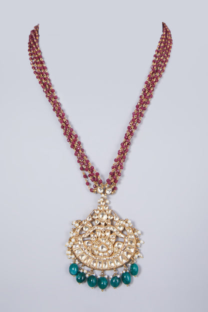Gold Finish Ruby & Kundan Polki Pendant Necklace Set