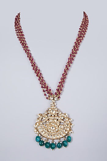 Gold Finish Ruby & Kundan Polki Pendant Necklace Set