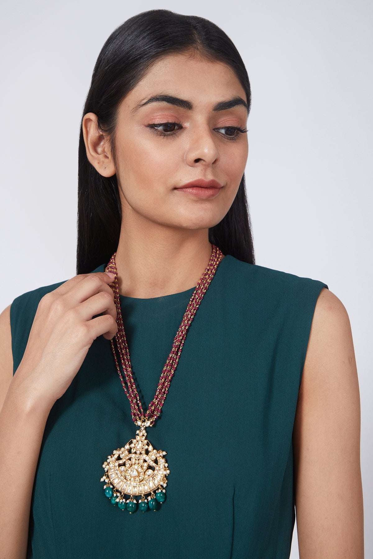 Gold Finish Ruby & Kundan Polki Pendant Necklace Set