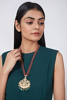 Gold Finish Ruby & Kundan Polki Pendant Necklace Set
