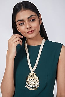 Gold Finish Pearls & Kundan Polki Pendant Necklace Set