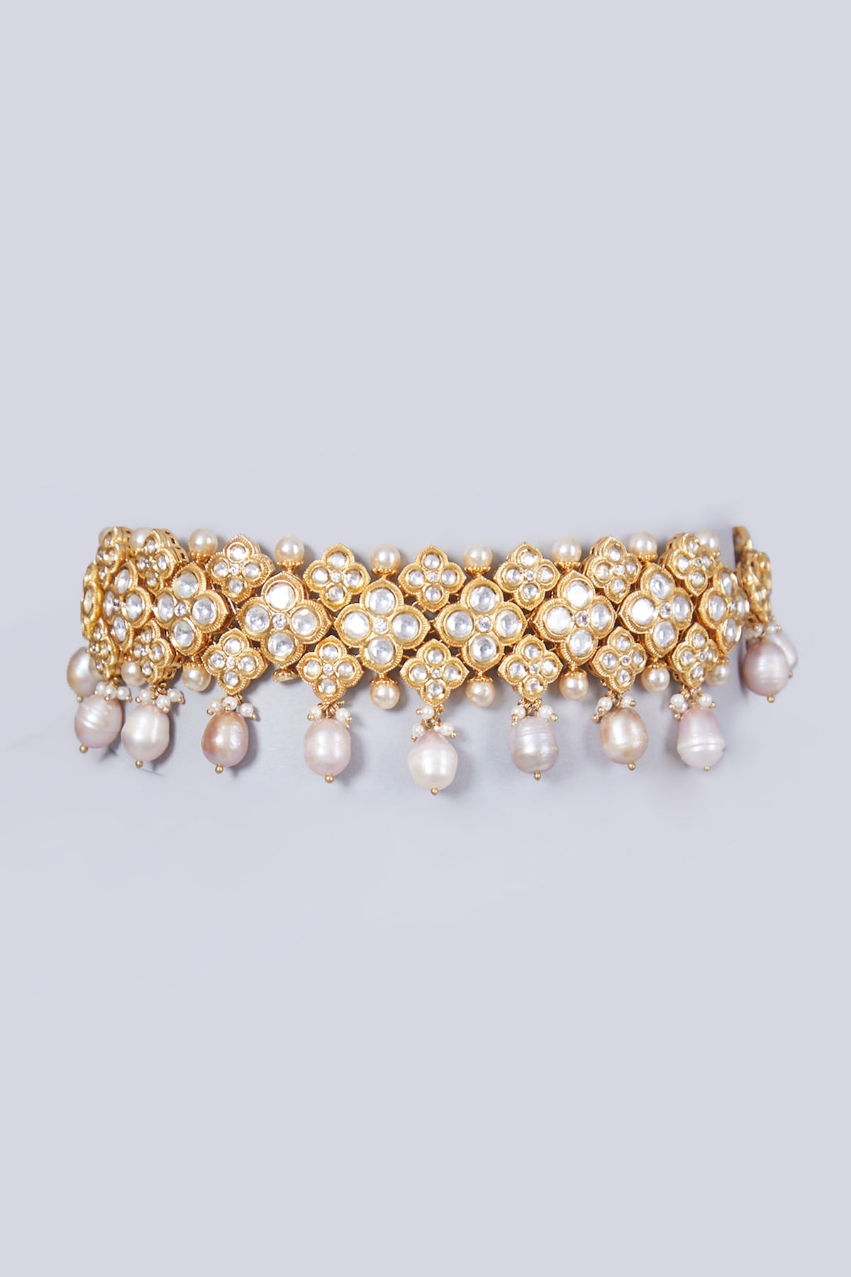 Gold Finish Pearls & Kundan Polki Choker Necklace Set