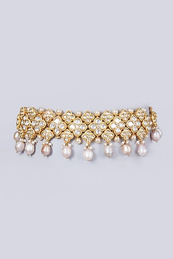 Gold Finish Pearls & Kundan Polki Choker Necklace Set