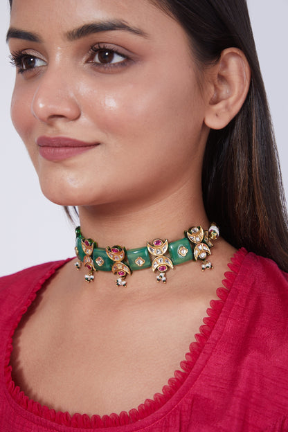 Gold Finish Kundan Polki & Ruby Choker Necklace Set