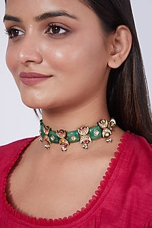 Gold Finish Kundan Polki & Ruby Choker Necklace Set