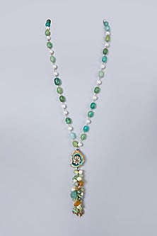 Gold Finish Mala With Green & White Beads