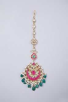 Gold Finish Kundan Polki & Ruby Maang Tikka