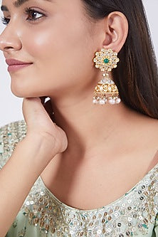 Gold Finish Kundan Polki Meenakari Jhumkas