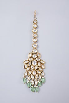 Gold Finish Kundan Polki Maang Tikka with Green Drops