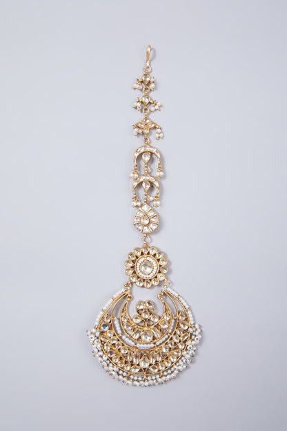 Gold Finish Kundan Polki & Pearl Maang Tikka