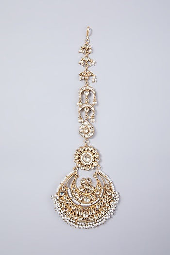Gold Finish Kundan Polki & Pearl Maang Tikka