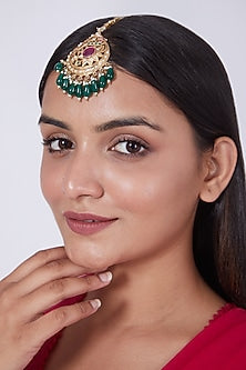 Gold FInish Jadau & Green Onyx Maang Tikka