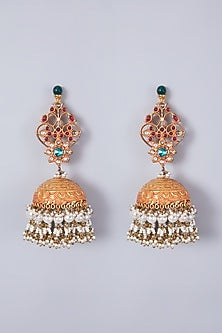 Gold Finish Jhumka Earrings With Ruby