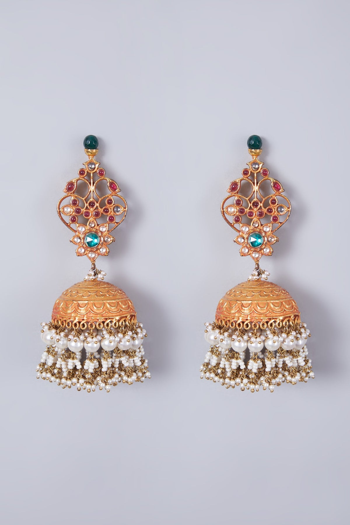 Gold Finish Jhumka Earrings With Ruby