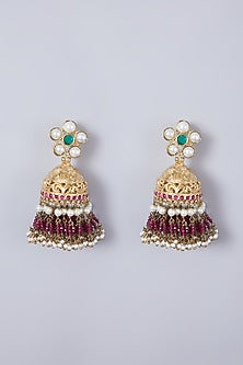 Gold Finish Kundan Polki Jhumka Earrings With Green Onyx