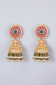 Gold Finish Ruby & Kundan Polki Jhumka Earrings