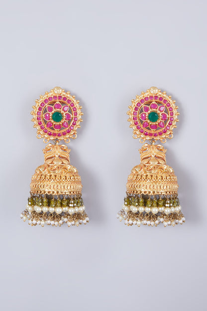 Gold Finish Ruby & Kundan Polki Jhumka Earrings