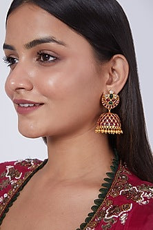 Gold Finish Kundan Polki & Ruby Earrings