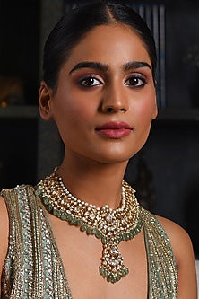 Gold Finish Moissanite & Deep Green Onyx Choker Necklace Set
