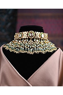 Gold Finish Moissanite & Green Onyx Choker Necklace Set