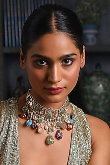 Gold Finish Moissanite & Multi-Colored Drop Choker Necklace