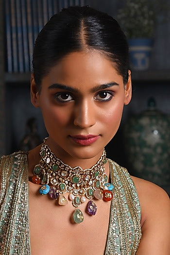 Gold Finish Moissanite & Multi-Colored Drop Choker Necklace