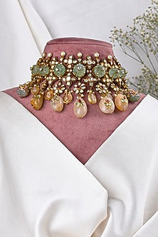 Gold Finish Moissanite & Rose Quartz Choker Necklace