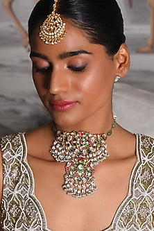 Gold Finish Moissanite & Pearl Choker Necklace