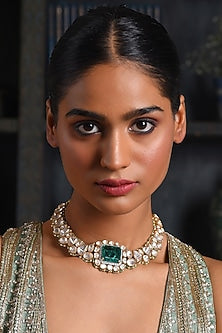 Gold Finish Moissanite & Multi-Colored Drop Choker Necklace