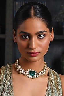 Gold Finish Moissanite & Multi-Colored Drop Choker Necklace