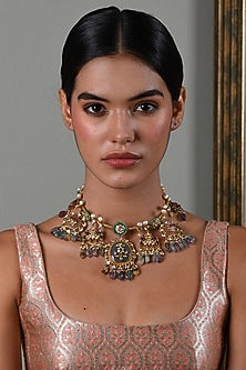 Gold Finish Moissanite & Multi-Colored Drop Choker Necklace