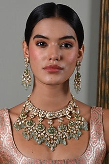 Gold Finish Moissanite & Deep Green Onyx Necklace Set