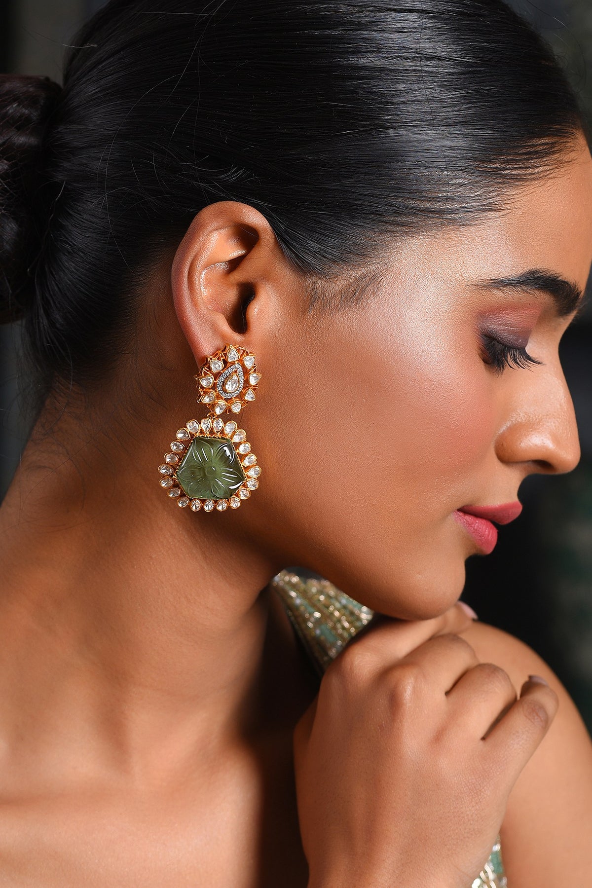 Gold Finish Green Moissanite Dangler Earrings