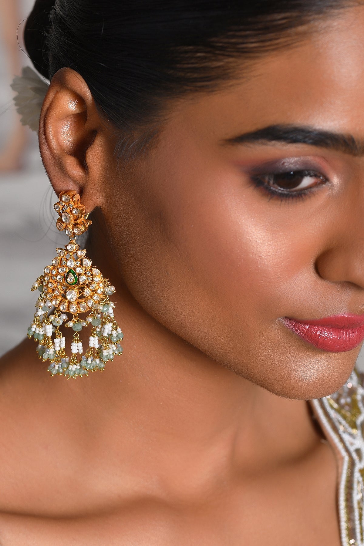 Gold Finish Green Onyx & Moissanite Dangler Earrings