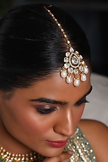 Gold Finish Moissanite & Pearl Maangtikka