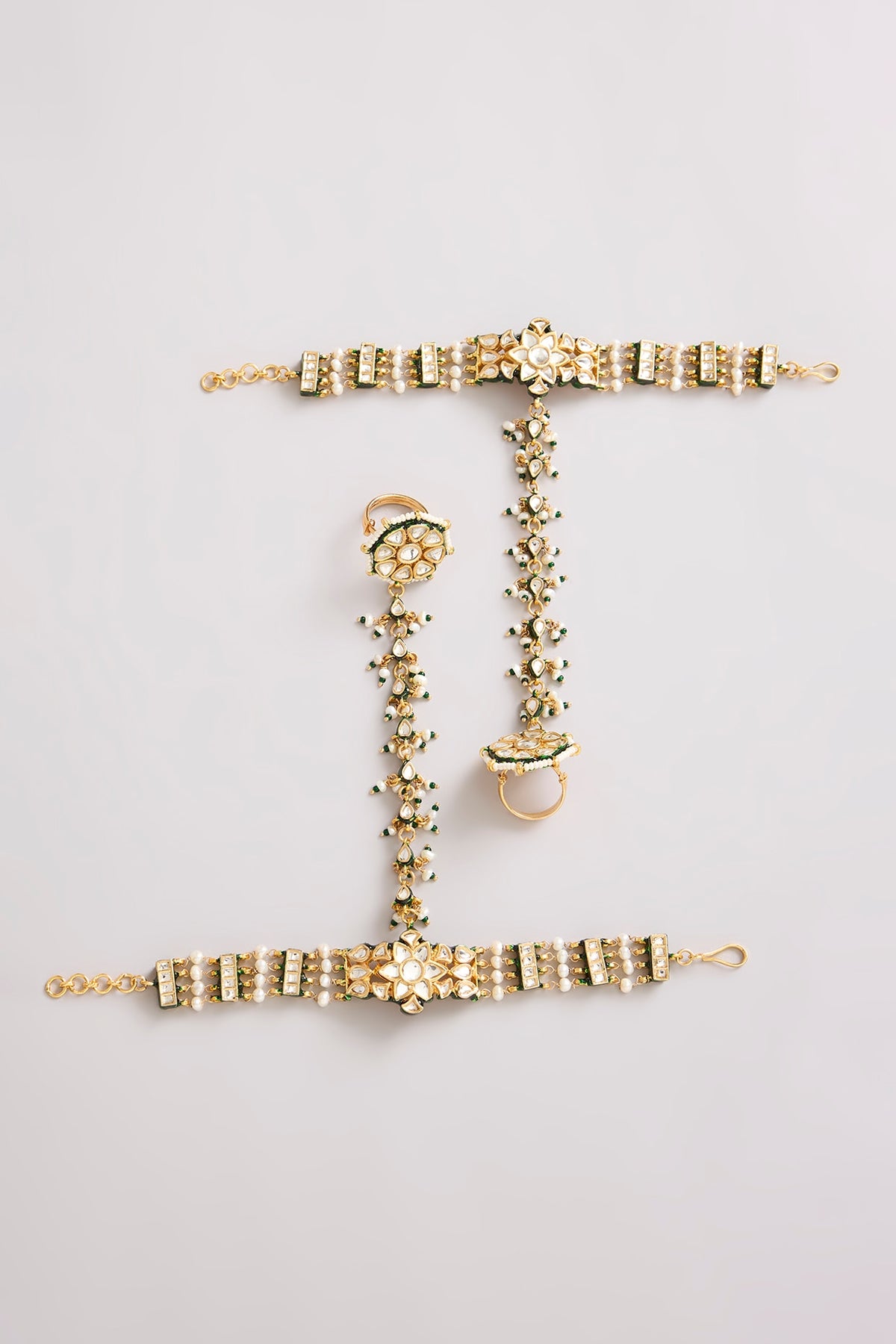 Gold Finish Kundan Polki & Seed Pearl Haathphool (Set Of 2)