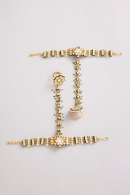 Gold Finish Kundan Polki & Seed Pearl Haathphool (Set Of 2)