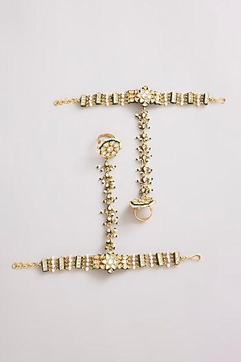 Gold Finish Kundan Polki & Seed Pearl Haathphool (Set Of 2)
