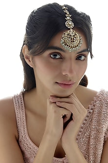 Gold Finish Kundan Polki & Pearl Maangtikka