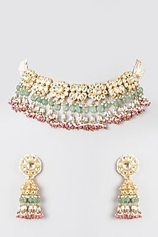 Gold Finish Pink & Green Kundan Choker Necklace